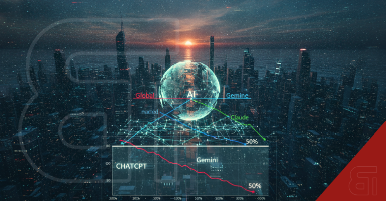 Futuristic cityscape with glowing digital globe and downward trending chart showing ChatGPT market share dropping below 50 percent against AI rivals Gemini and Claude.