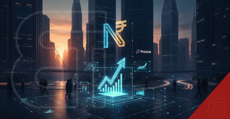 Futuristic digital stock chart and Rupee symbol hologram in a modern city representing Navi Limited's upcoming IPO.